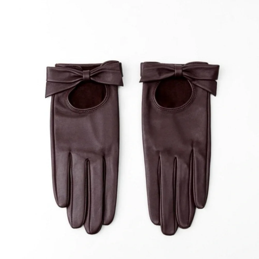 ZARA Burgundy Leather Gloves w Bows Size L New